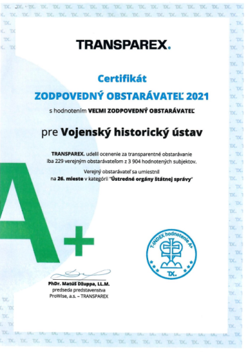 Ocenenie Vojenského historického ústavu za oblasť verejného obstarávania 