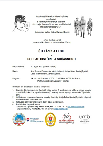 Konferencia Štefánik a légie - Banská Bystrica 1.-2.6.2022 Pozvánka