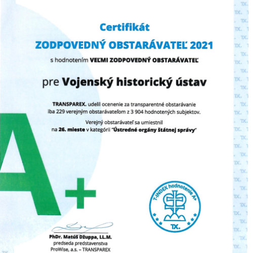 Ocenenie Vojenského historického ústavu za oblasť verejného obstarávania 