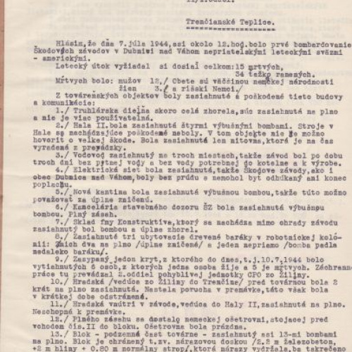 Bombardovanie škodových závodov v Dubnici nad Váhom – hlásenie