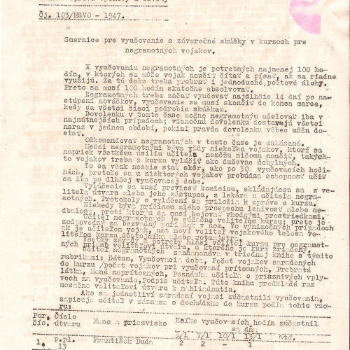Smernica pre vyučovanie a záverečné skúšky v kurzoch pre negramotných vojakov v roku 1947