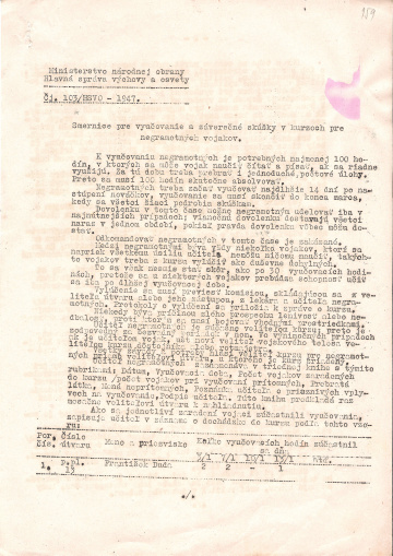 Smernica pre vyučovanie a záverečné skúšky v kurzoch pre negramotných vojakov v roku 1947